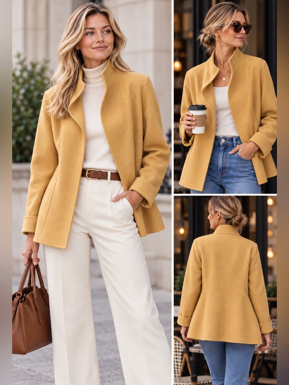 Ellen Tracy Mustard Yellow Pea Coat 100% Wool